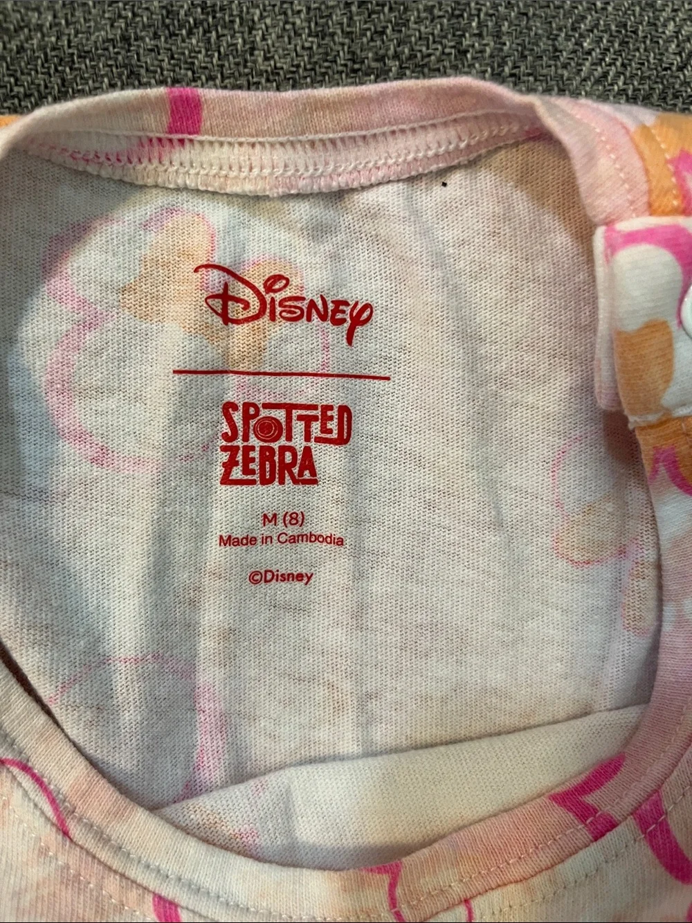 Disney Spotted Zebra Pink & Orange Minnie Mouse Tie-Dye One-Piece Romper Sz M/8